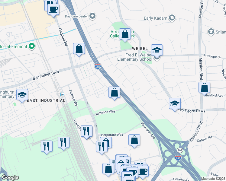 map of restaurants, bars, coffee shops, grocery stores, and more near 1459 Deschutes Place in Fremont