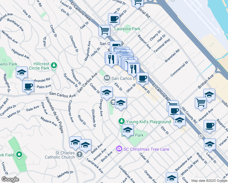 map of restaurants, bars, coffee shops, grocery stores, and more near 701 Chestnut Street in San Carlos