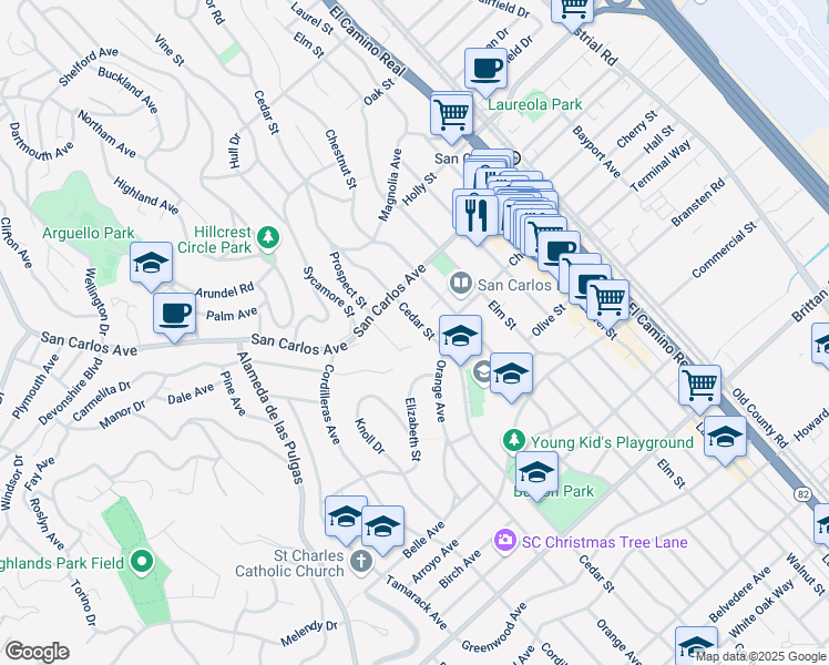 map of restaurants, bars, coffee shops, grocery stores, and more near 655 Cedar Street in San Carlos