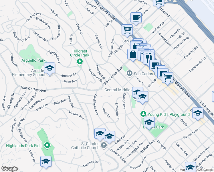 map of restaurants, bars, coffee shops, grocery stores, and more near 1637 San Carlos Avenue in San Carlos