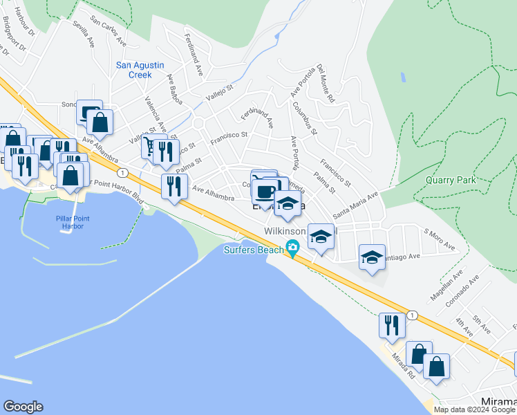 map of restaurants, bars, coffee shops, grocery stores, and more near 509 Avenue Alhambra in Half Moon Bay