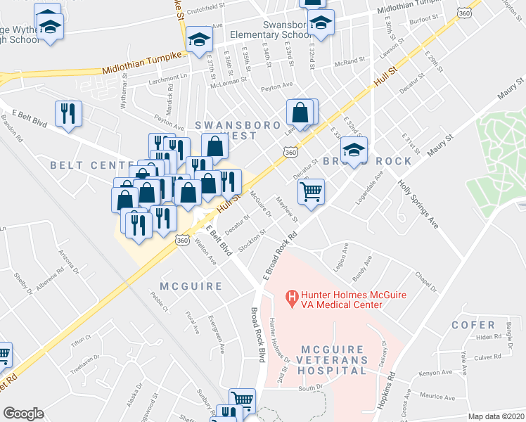 map of restaurants, bars, coffee shops, grocery stores, and more near 3800 Decatur Street in Richmond