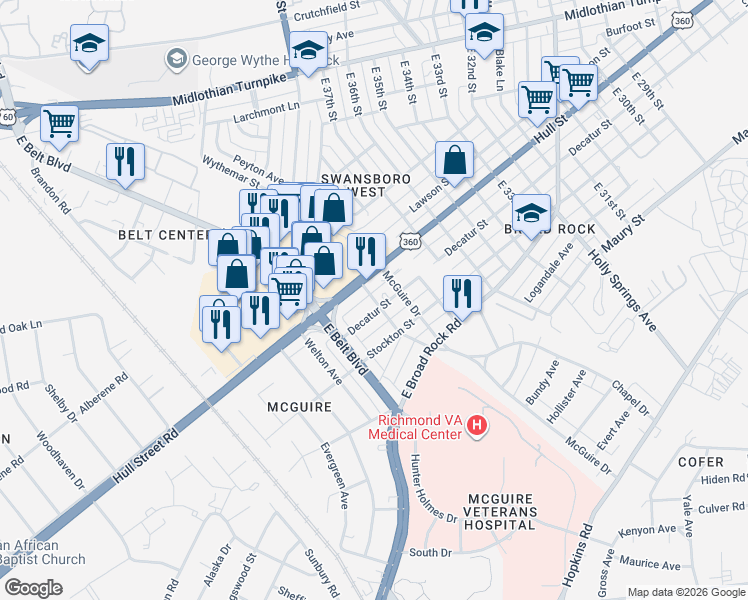 map of restaurants, bars, coffee shops, grocery stores, and more near 3905 Hull Street Road in Richmond