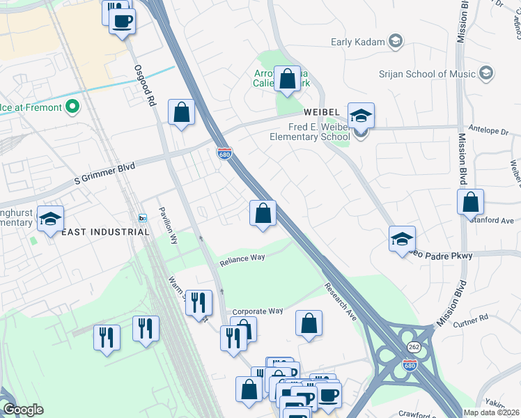 map of restaurants, bars, coffee shops, grocery stores, and more near 45378 Tom Blalock Street in Fremont