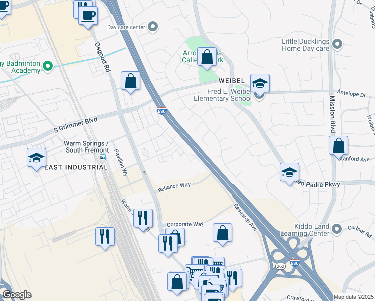 map of restaurants, bars, coffee shops, grocery stores, and more near 45378 Tom Blalock Street in Fremont