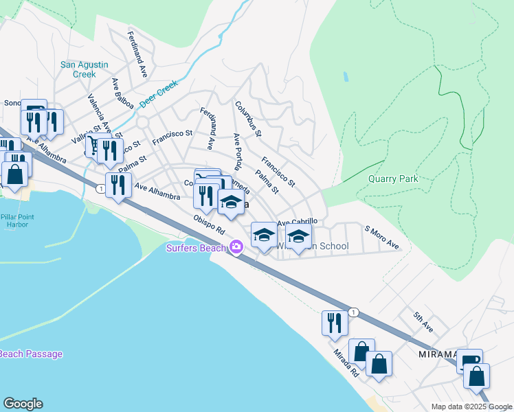 map of restaurants, bars, coffee shops, grocery stores, and more near 151 Isabella Avenue in El Granada