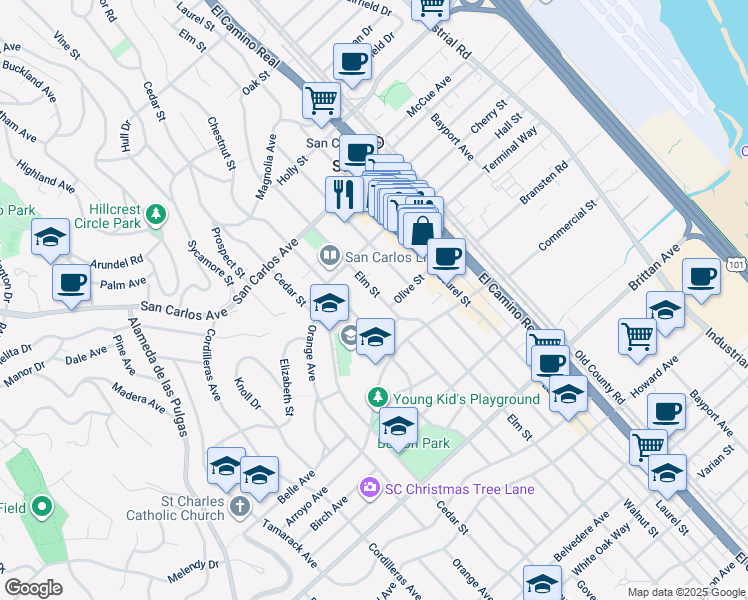 map of restaurants, bars, coffee shops, grocery stores, and more near 782 Elm Street in San Carlos