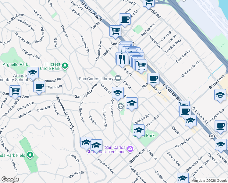 map of restaurants, bars, coffee shops, grocery stores, and more near 1555 Cherry Street in San Carlos