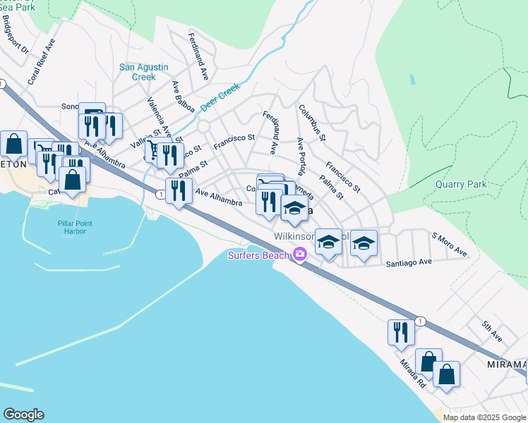 map of restaurants, bars, coffee shops, grocery stores, and more near 518 Avenue Alhambra in Half Moon Bay