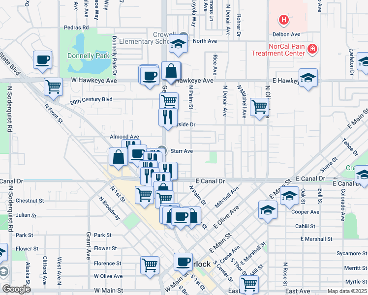 map of restaurants, bars, coffee shops, grocery stores, and more near 141 Starr Avenue in Turlock