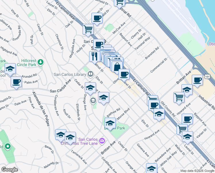 map of restaurants, bars, coffee shops, grocery stores, and more near 793 Elm Street in San Carlos