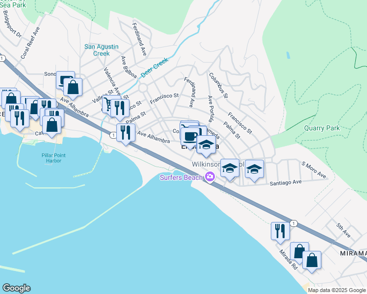 map of restaurants, bars, coffee shops, grocery stores, and more near 509 Avenue Alhambra in Half Moon Bay