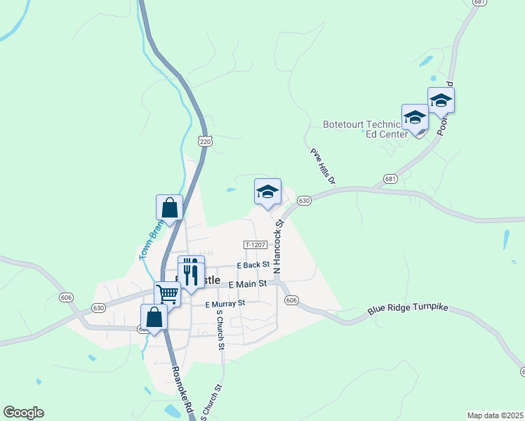 map of restaurants, bars, coffee shops, grocery stores, and more near 331 Springwood Road in Fincastle
