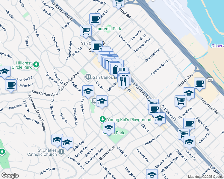 map of restaurants, bars, coffee shops, grocery stores, and more near 1313 Olive Street in San Carlos