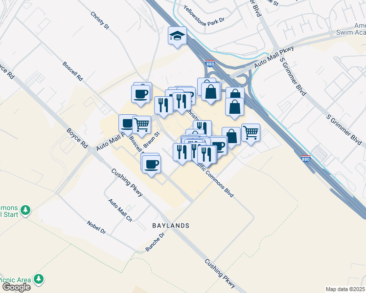 map of restaurants, bars, coffee shops, grocery stores, and more near 43440 Boscell Road in Fremont