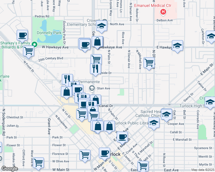 map of restaurants, bars, coffee shops, grocery stores, and more near 1001 North Palm Street in Turlock