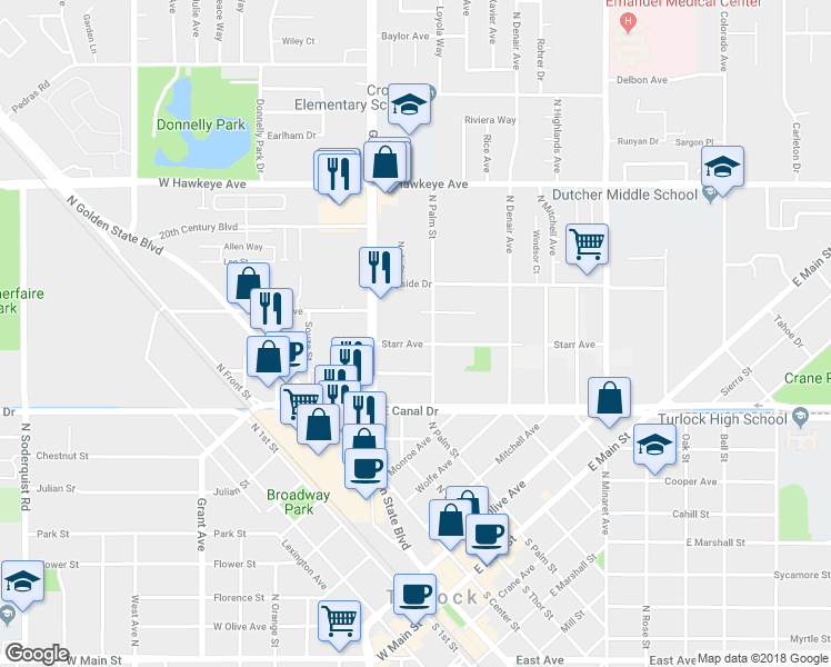 map of restaurants, bars, coffee shops, grocery stores, and more near 130 Bel Air Court in Turlock