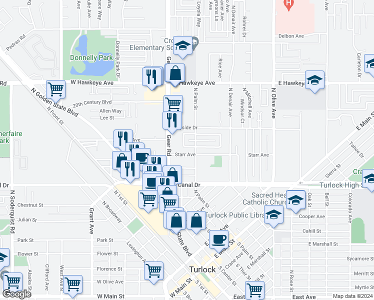 map of restaurants, bars, coffee shops, grocery stores, and more near 130 Bel Air Court in Turlock