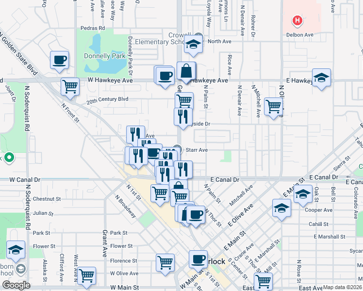 map of restaurants, bars, coffee shops, grocery stores, and more near 1014 Geer Road in Turlock