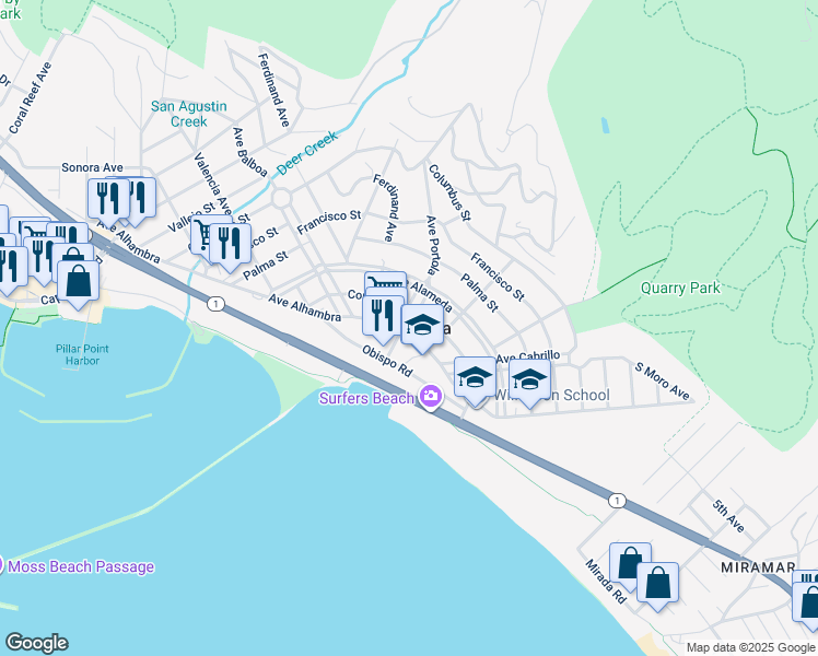 map of restaurants, bars, coffee shops, grocery stores, and more near in El Granada