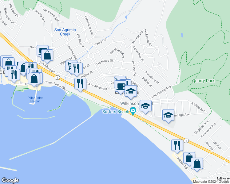 map of restaurants, bars, coffee shops, grocery stores, and more near 509 Avenue Alhambra in Half Moon Bay