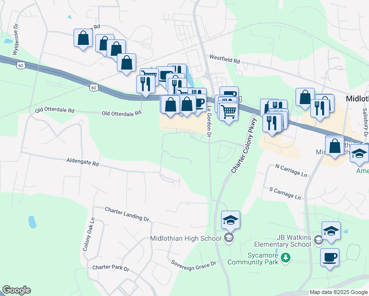 map of restaurants, bars, coffee shops, grocery stores, and more near 14443 Tanager Wood Trail in Midlothian