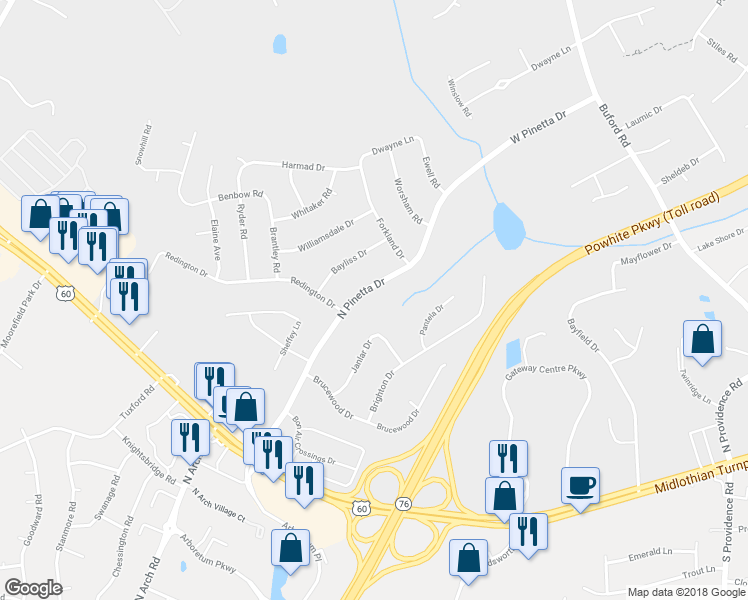 map of restaurants, bars, coffee shops, grocery stores, and more near 517 North Pinetta Drive in Richmond
