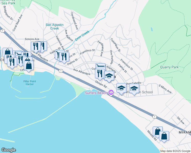 map of restaurants, bars, coffee shops, grocery stores, and more near 509 Avenue Alhambra in Half Moon Bay