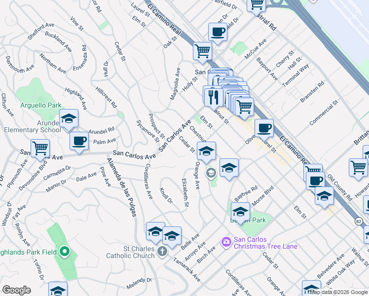 map of restaurants, bars, coffee shops, grocery stores, and more near 655 Cedar Street in San Carlos