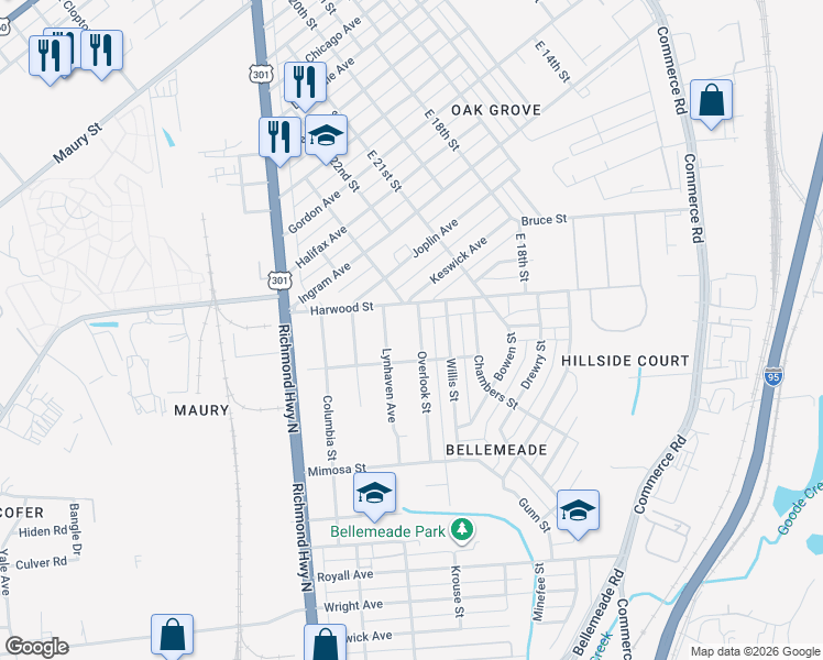 map of restaurants, bars, coffee shops, grocery stores, and more near 1301 Overlook Street in Richmond