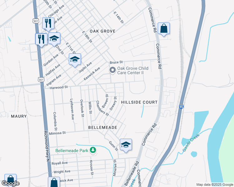 map of restaurants, bars, coffee shops, grocery stores, and more near 1330 Drewry Street in Richmond