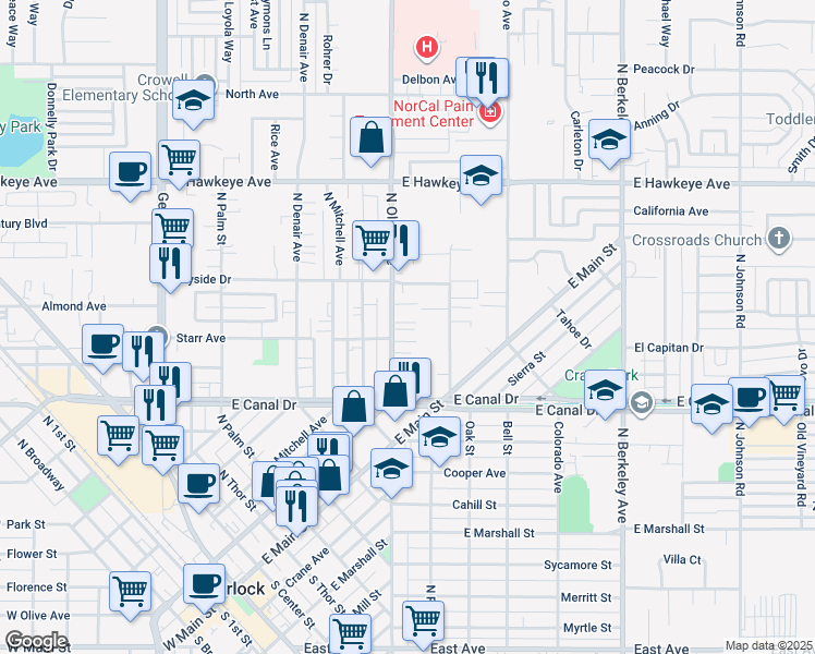 map of restaurants, bars, coffee shops, grocery stores, and more near 1080 North Olive Avenue in Turlock