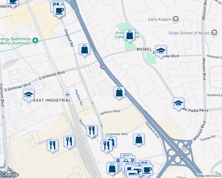 map of restaurants, bars, coffee shops, grocery stores, and more near in Fremont