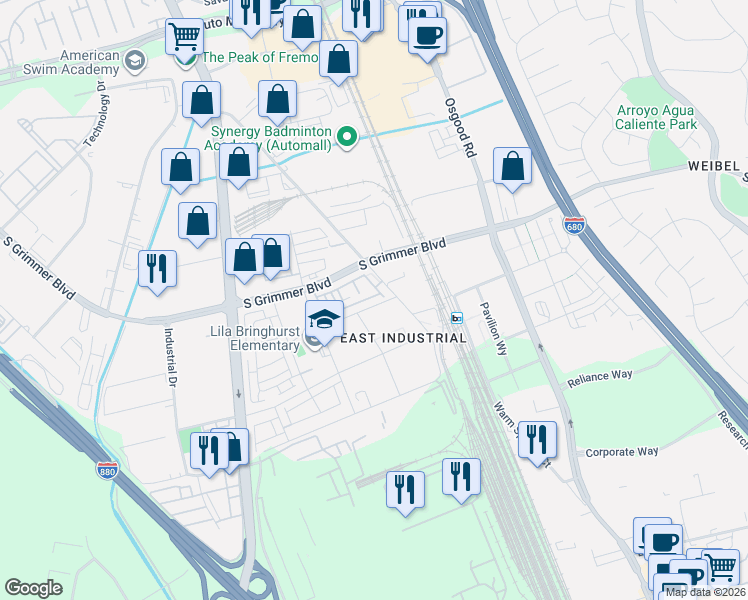 map of restaurants, bars, coffee shops, grocery stores, and more near 3229 Accelerator Avenue in Fremont