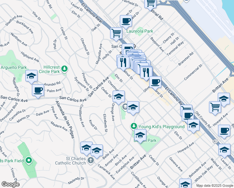 map of restaurants, bars, coffee shops, grocery stores, and more near 1501 Cherry Street in San Carlos