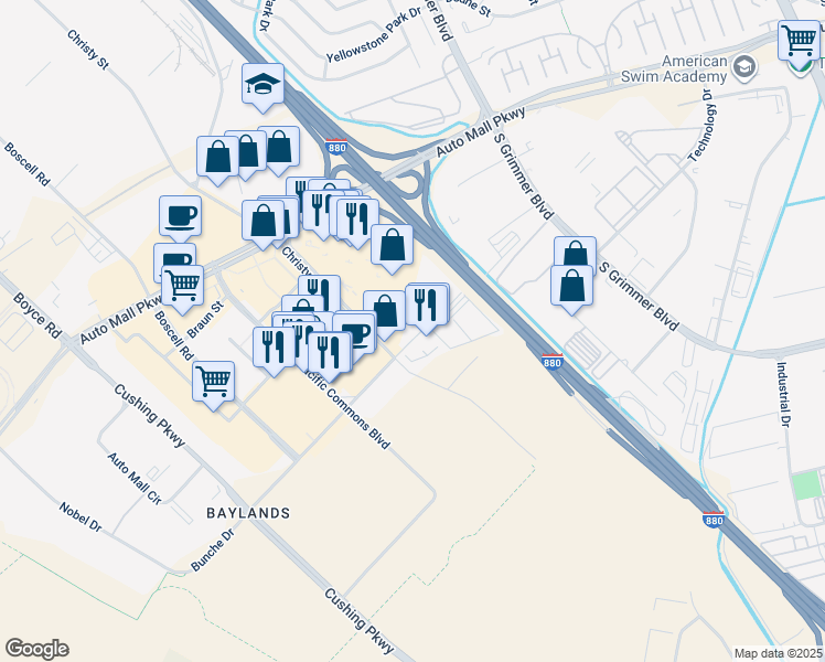 map of restaurants, bars, coffee shops, grocery stores, and more near 5127 Brandin Court in Fremont