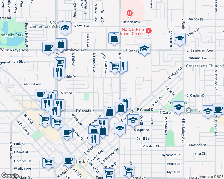 map of restaurants, bars, coffee shops, grocery stores, and more near 1083 Kenwood Avenue in Turlock