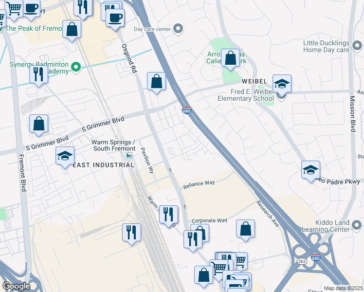 map of restaurants, bars, coffee shops, grocery stores, and more near in Fremont