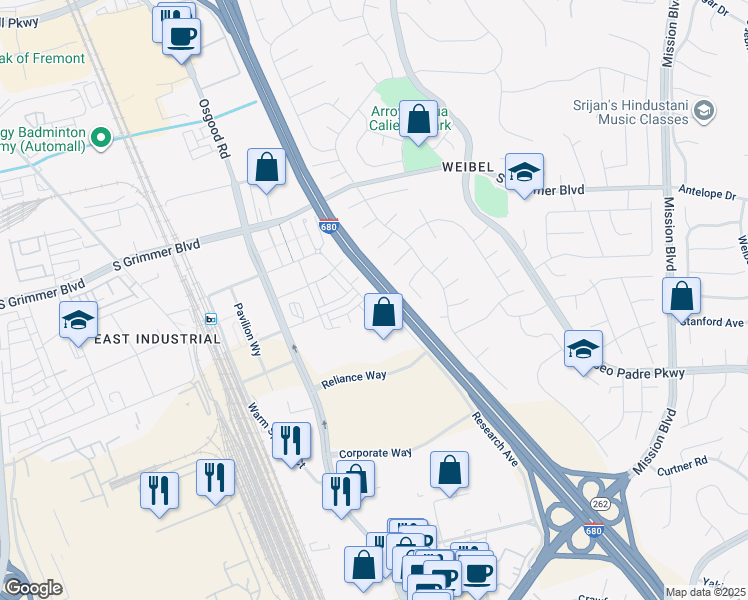 map of restaurants, bars, coffee shops, grocery stores, and more near 1459 Deschutes Place in Fremont