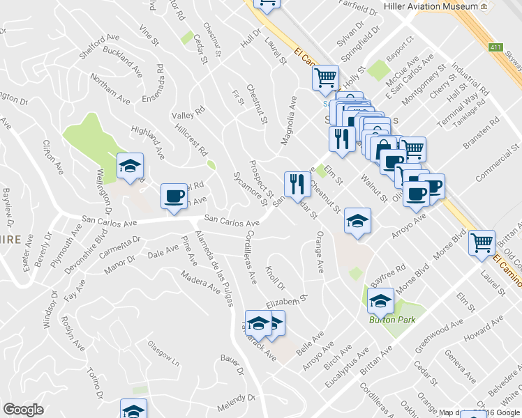 map of restaurants, bars, coffee shops, grocery stores, and more near in San Carlos