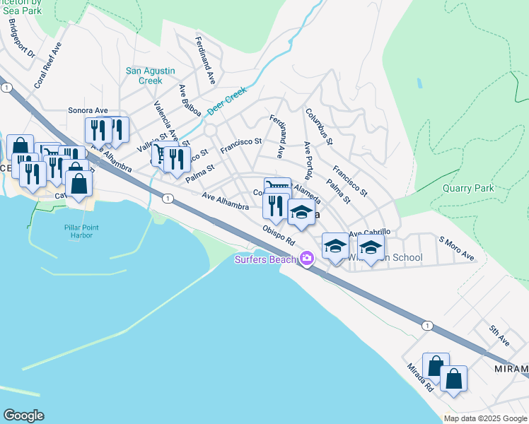 map of restaurants, bars, coffee shops, grocery stores, and more near 510 Avenue Alhambra in El Granada