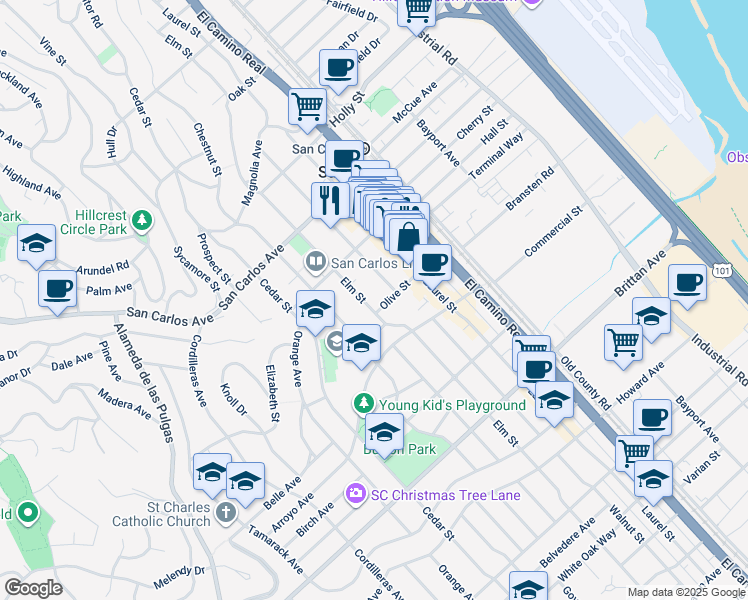 map of restaurants, bars, coffee shops, grocery stores, and more near 793 Elm Street in San Carlos