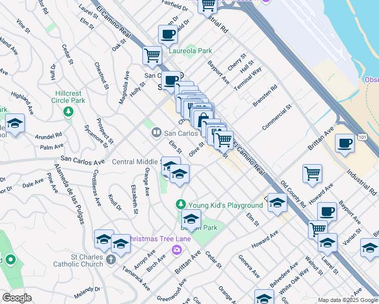 map of restaurants, bars, coffee shops, grocery stores, and more near 1328 Olive Street in San Carlos