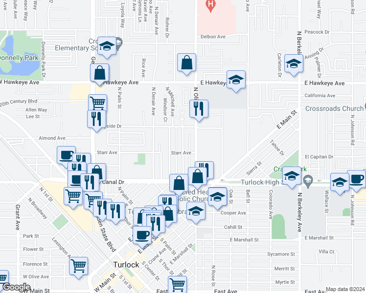 map of restaurants, bars, coffee shops, grocery stores, and more near 1058 Kenwood Avenue in Turlock