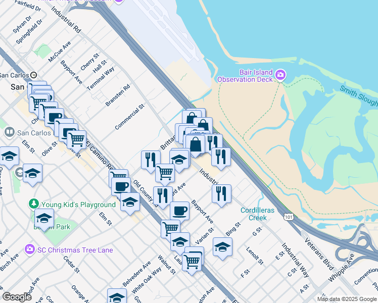 map of restaurants, bars, coffee shops, grocery stores, and more near 1121 Industrial Road in San Carlos