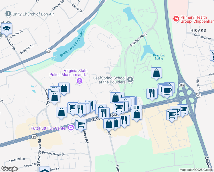 map of restaurants, bars, coffee shops, grocery stores, and more near 7505 Gavilan Court in Richmond