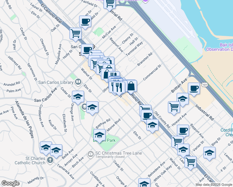 map of restaurants, bars, coffee shops, grocery stores, and more near 864 Laurel Street in San Carlos