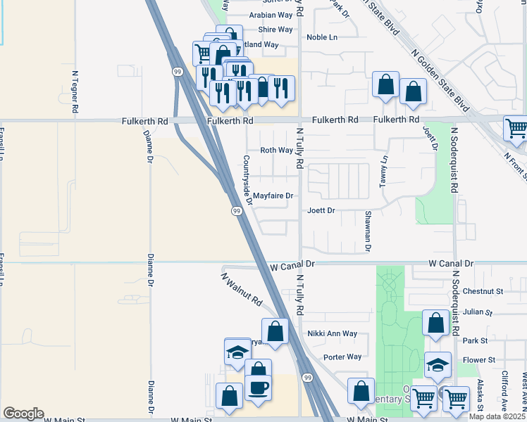 map of restaurants, bars, coffee shops, grocery stores, and more near 2380 Chelsea Place in Turlock