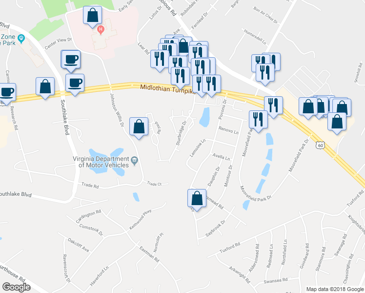 map of restaurants, bars, coffee shops, grocery stores, and more near 701 Sturgis Drive in Richmond