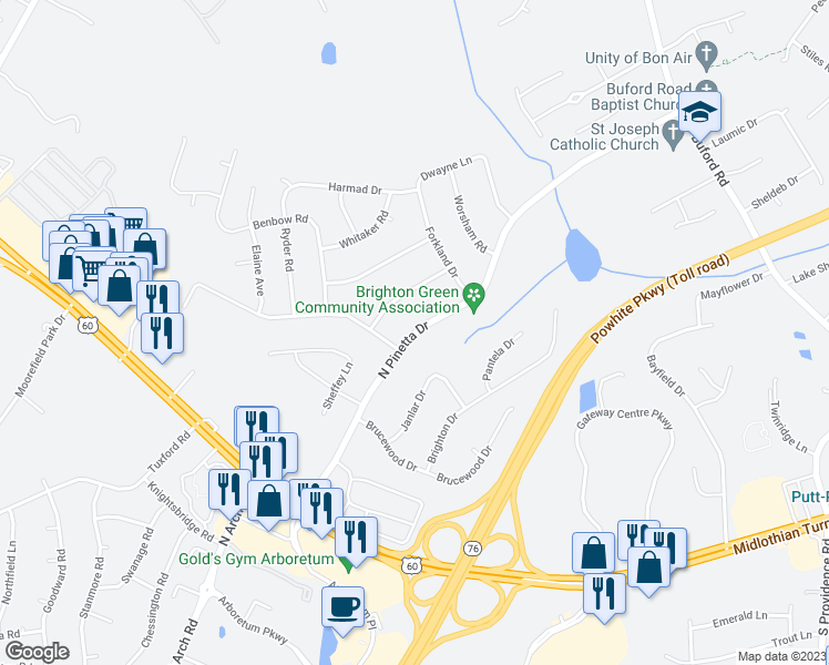 map of restaurants, bars, coffee shops, grocery stores, and more near 501 North Pinetta Drive in Richmond